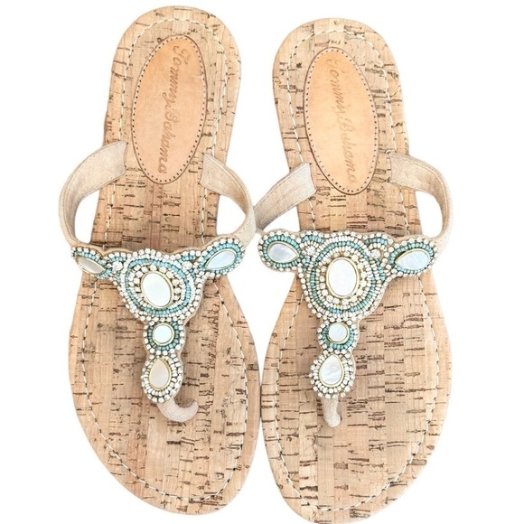 Tommy Bahama Cork Rhinestone Abalone Shell Turquoise Gold Thongs Sandals 8